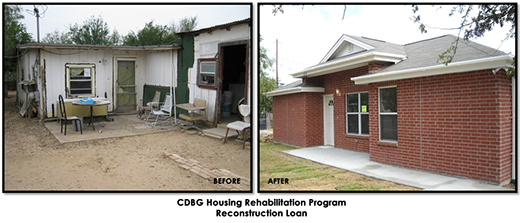 Before and after photos of a house that benefited from the CDBG Housing Rehabilitation Program Reconstruction Loan