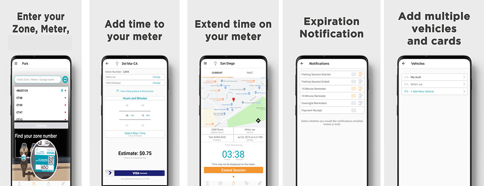 Screenshots of Park Smarter App showing how to enter your zone or meter, add time to your meter, extend time on your meter, add multiple vehicles and cards, and what expiration notifications look like